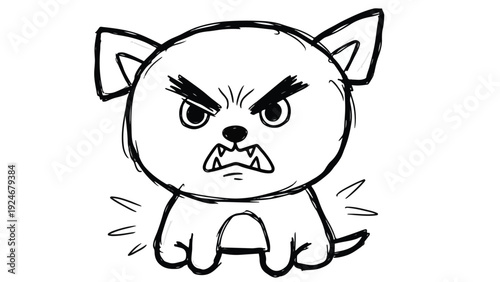 A cartoon illustration of an angry dog with a furious expression and sharp teeth on a white background