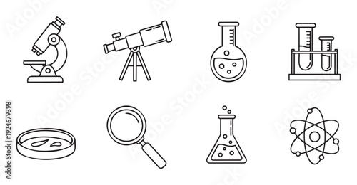 This collection of essential science equipment icons represents various fields of scientific study including biology chemistry physics and astronomy perfect for educational presentations