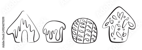Simple line art drawings of sweet baked goods and cookies with decorative icing designs are perfect for holiday season menus, dessert shop promotions, or childrens craft projects