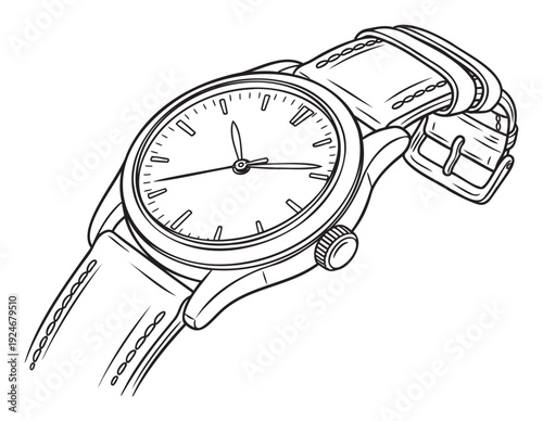 Classic wristwatch drawing with a detailed face and elegant leather strap perfect for timepiece design, fashion accessories, or educational content.