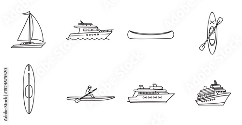 A comprehensive collection of diverse water vehicles including sailboats, yachts, canoes, kayaks, surfboards, and cruise ships, perfect for marine travel and recreational themes