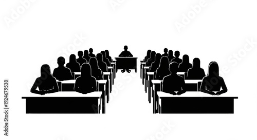 Silhouette of a classroom with students and teacher in a lecture setting