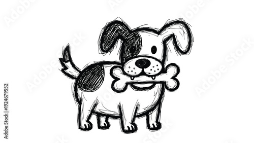 A playful dog happily holds a bone in its mouth against a clean white background in a cartoon style