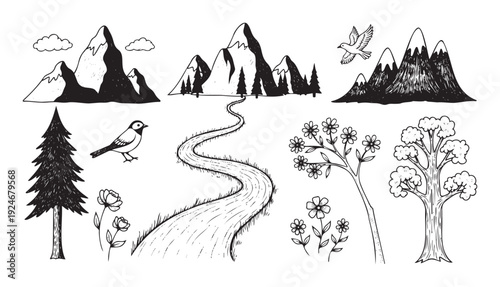 Hand drawn collection of outdoor nature elements featuring majestic mountains, evergreen trees, a winding path, delicate flowers, and flying birds suitable for rustic graphics and