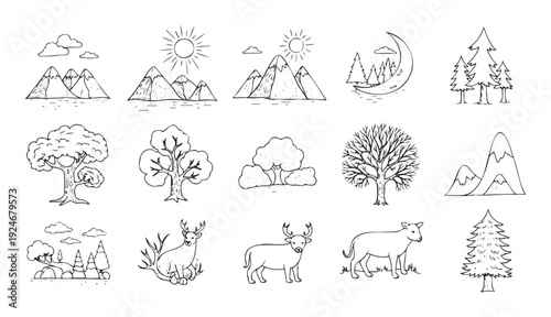 Rustic handdrawn doodle collection of outdoor nature landscape elements featuring majestic mountains, diverse trees, and forest animals perfect for educational projects, childrens books, or
