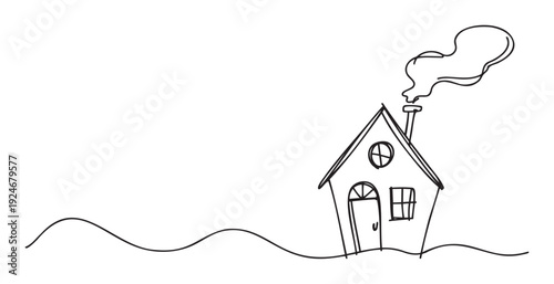 A charming handdrawn line art house with smoke coming from the chimney and wavy ground beneath offers a cozy and simple visual for various homerelated projects or branding applications.