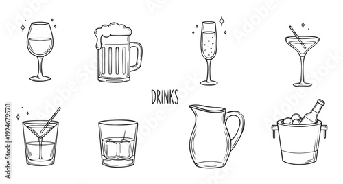 Stylish black and white line drawings showcasing a variety of popular drinks including wine, beer, champagne, and cocktails, ideal for culinary presentations or drink menu compositions