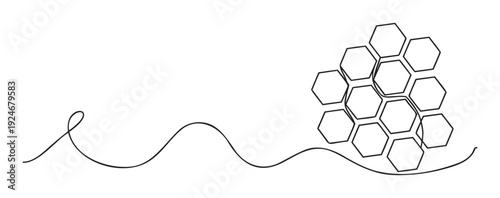 Elegant continuous line art drawing a winding path that forms an interconnected honeycomb structure of multiple hexagons, ideal for symbolizing growth, innovation, and network concepts in