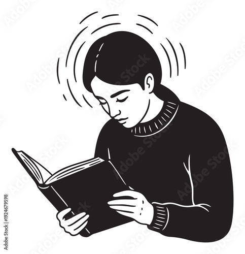 Person deeply focused while reading an open book, a graphic symbol for knowledge, education, and calm study suitable for various learning platforms.