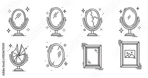 Set of diverse line icons showcasing clean, broken, and framed mirrors along with picture frames, ideal for modern digital products, app interfaces, and website illustrations
