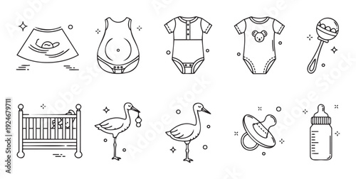 Extensive collection of line icons depicting pregnancy stages, newborn essentials, and baby care items suitable for maternity websites, parenting applications, and infant health graphics.