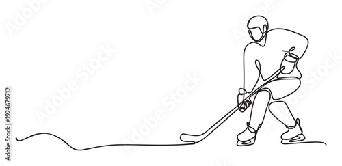 Minimalist one line drawing of a hockey player actively skating on ice and holding a hockey stick, perfect for sports event posters, athletic club logos, or modern sportswear designs