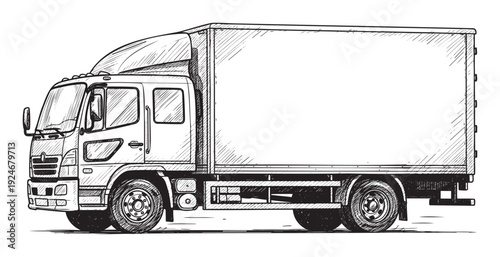 A hand drawn sketch of a modern box truck, ideal for representing transportation, logistics, and delivery services in various print and digital media projects.