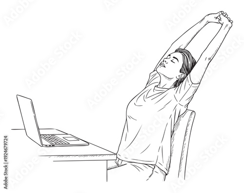 Young woman taking a refreshing work break stretching her arms upwards while sitting at an office desk with a laptop for business or wellness related content
