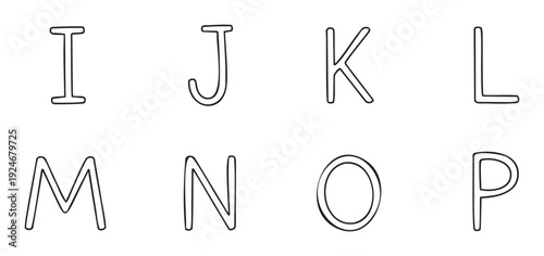Uppercase alphabet letters I J K L M N O P presented with a bold and rounded outline for educational materials, childrens books, school projects, or fun graphic applications.
