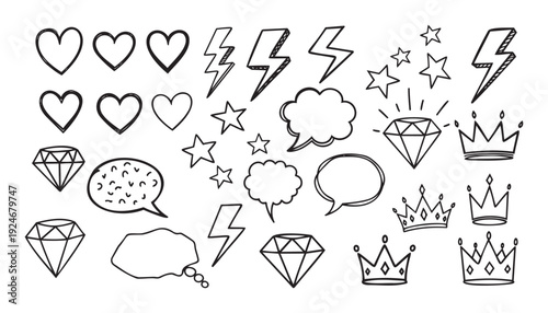 A collection of hand drawn doodle graphic icons featuring hearts lightning bolts stars speech bubbles diamonds and crowns ideal for social media posts stickers and playful decorations