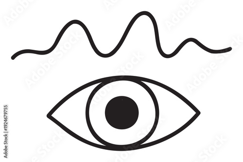 Simple graphic representation of an eye with a wavy line above symbolizing vision, consciousness, and perception useful for technology, meditation, or sensory related concepts.