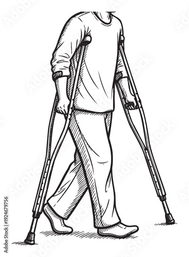 This striking black and white line graphic depicts a person walking with crutches, symbolizing recovery, mobility assistance, and physical therapy for healthrelated applications and
