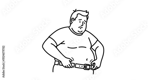 Overweight Man Struggling with Belt, Unhappy Expression, Body Image Concern