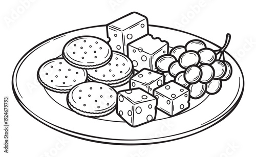 A delightful line drawing of a classic snack plate featuring savory crackers, cubed cheese, and a fresh bunch of grapes, perfect for foodrelated publications and culinary websites.