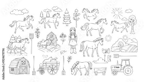 Outline collection of various farm animals including horses, a girl, barns, tractor, and agricultural tools perfect for childrens coloring books or rustic themed crafts.