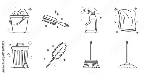 Essential household cleaning tools and supplies vector line icons for various domestic hygiene tasks, ideal for home care guides, chore charts, and service advertisements.