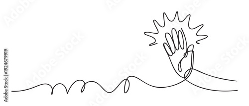 Continuous line drawing depicting a hand with splayed fingers emanating dynamic burst lines, signifying energy, shock, or a breakthrough idea, suitable for conceptual marketing materials,