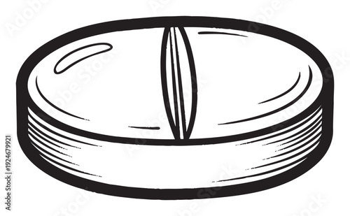 Hand drawn style depiction of a simple white pill with a dividing score line, symbolizing medication, healing, and wellness for pharmaceutical marketing and health educational materials.