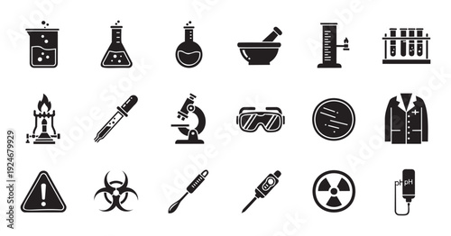 A comprehensive collection of essential laboratory equipment, scientific instruments, and safety symbols, perfect for educational resources, scientific publications, and chemical research