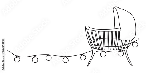 Simple line drawing of a charming baby bassinet adorned with delicate string lights, perfect for maternity announcements, baby shower invitations, and nursery decor inspiration.