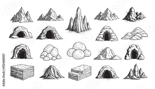 Diverse collection of hand drawn natural terrain elements including rugged mountains, mysterious caverns, various rock formations, and stratified ground for game maps or adventure assets.