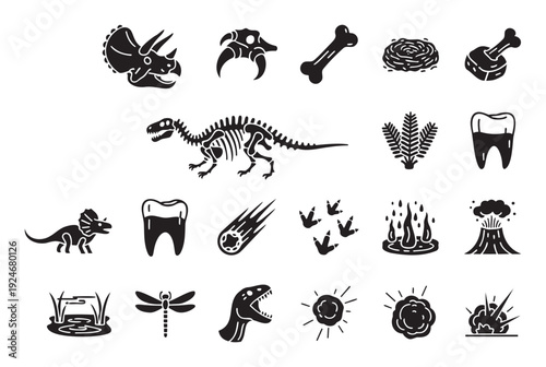 Explore ancient world themes with a comprehensive collection of dinosaur and prehistoric era glyph icons perfect for educational materials, historical documentaries, and sciencethemed