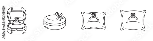 Line art set of engagement and wedding symbols, showcasing a diamond ring in an open jewelry box, a decorative gift box, and a ring on a soft pillow, perfect for romantic celebration themes.
