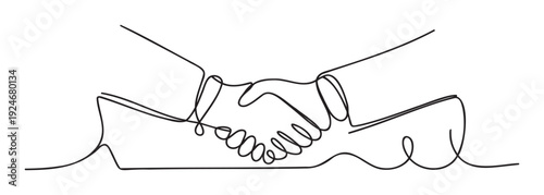 Continuous line drawing of two human hands engaged in a firm handshake, symbolizing partnership, agreement, and success, suitable for business presentations and corporate communications.