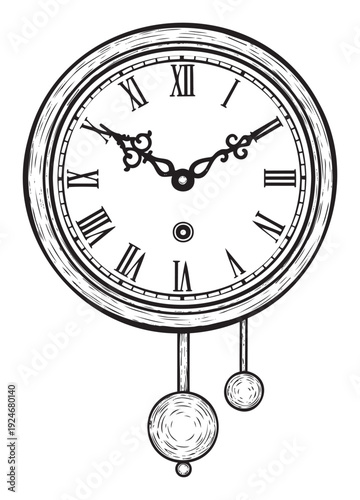 Vintage pendulum clock with Roman numerals and decorative hands, ideal for creating a timeless aesthetic in various printed or digital media applications