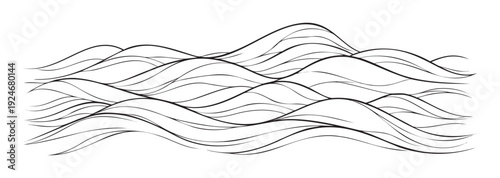 Curved black lines creating an immersive abstract landscape of undulating natural forms and layered hills suitable for contemporary branding, website elements, and textile designs.