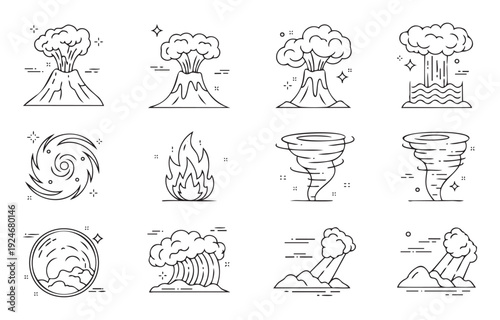 Collection of natural disaster and weather phenomena outline icons depicting volcanic eruptions hurricanes tornadoes fire tsunami and landslide for educational infographics and warning
