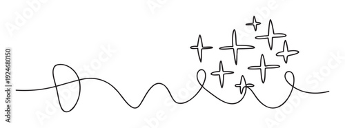 Stylish one line drawing forming the word One and multiple fourpointed stars, perfect for inspirational messages, personal branding, or digital graphic applications