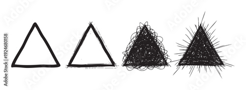 A series of hand drawn abstract triangle shapes showcasing evolving complexity from simple outlines to dense grunge textures and spiky chaotic forms for diverse graphic and conceptual
