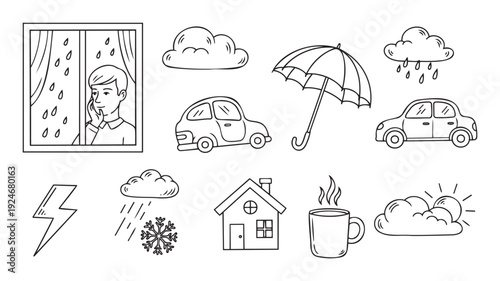 Hand drawn collection of weather elements with rain, clouds, sun, snow, lightning, a person in a window, cars, an umbrella, a house, and a hot mug for diverse visual resources.