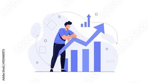 Man leaning on upward trending graph, business growth concept illustration