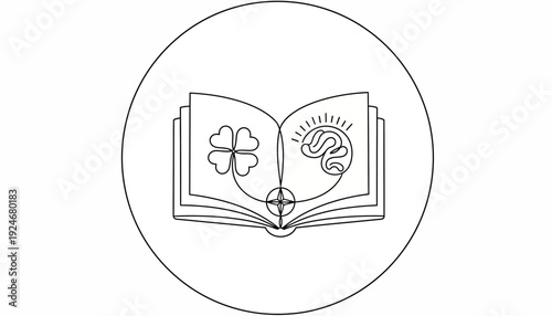 Open Book with Clover and Brain Symbol - Knowledge, Luck, and Ideas Concept