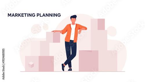 Man Leaning on Boxes, Marketing Strategy Planning, Business Growth Concept