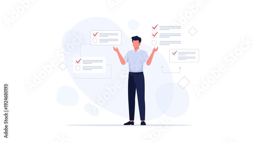 Man Making Choices with Checklists, Decision Making Concept