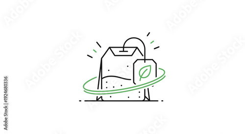 Organic Tea Bag Icon with Green Leaf and Swirls - Healthy Beverage Concept