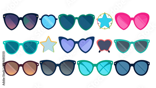 Stylish sunglasses silhouette vector set with heart star cat eye and round frames isolated on white background for fashion and summer designs