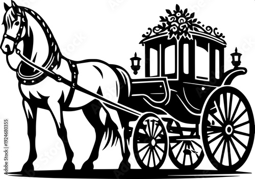 Vintage horse carriage silhouette, black and white vector illustration, ornate royal carriage, detailed floral decorations, engraving style, high contrast