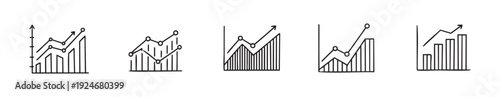 Collection of simple hand drawn financial charts showing upward trends in bar graphs and line plots with data indicators representing successful business development and economic