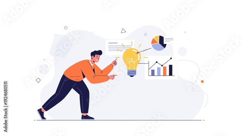 Man pointing at glowing lightbulb idea with business charts and graphs