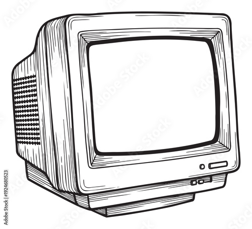 This black and white line drawing of a vintage CRT computer monitor provides a classic touch for technology history projects, educational content, or graphic design assets.